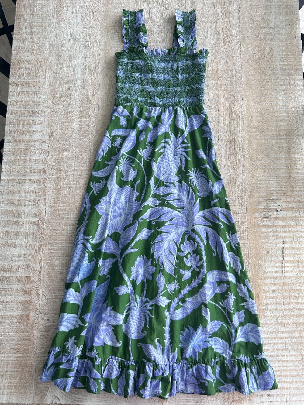 Farm Rio Tropical Swing Smocked Pineapple Green/Purple Maxi Dress Size Medium - Picture 2 of 9